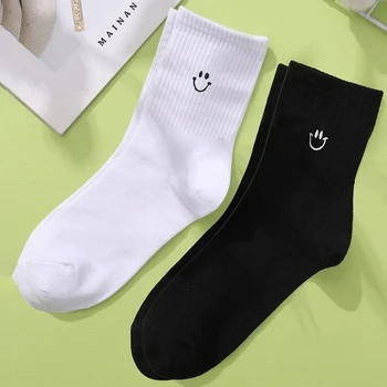 2 пары носков средней длины, женская мода с вышивкой в виде улыбающегося лица, весна-осень, впитывающие пот Теплые однотонные носки для девочек