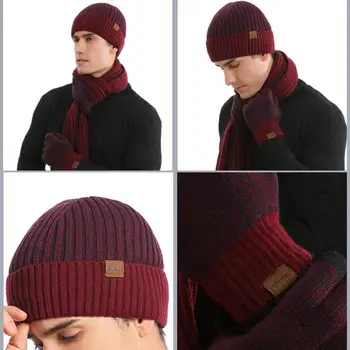 Утолщенная шапка, шарф, перчатки, комплект, Ультратолстая зимняя шапка-бини, длинный шарф, перчатки с сенсорным экраном, набор, супер Мягкий ветрозащитный для мужчин
