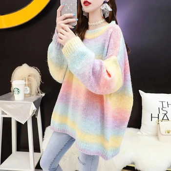 Радужный пуловер, свитер, Женская верхняя одежда, осень 2020, Новый Корейский круглый вырез, Свободный вязаный свитер-кокон с длинными рукавами, топы