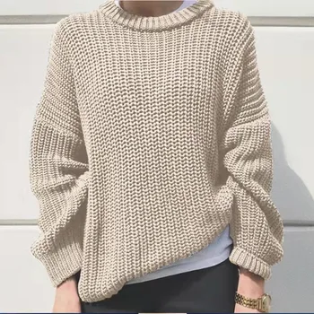 2023 Осенне-зимний женский свободный и простой свитер с круглым вырезом, пуловер уличной вязки для женщин