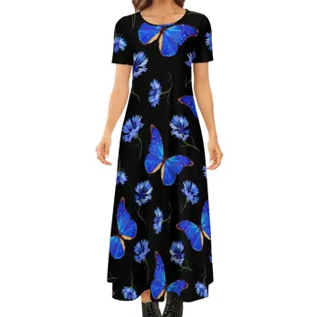 Синее платье-бабочка с цветочным принтом, Элегантное Макси-платье, Женское платье с коротким рукавом, Эстетичные Богемные Длинные платья Большого размера 6XL 7XL